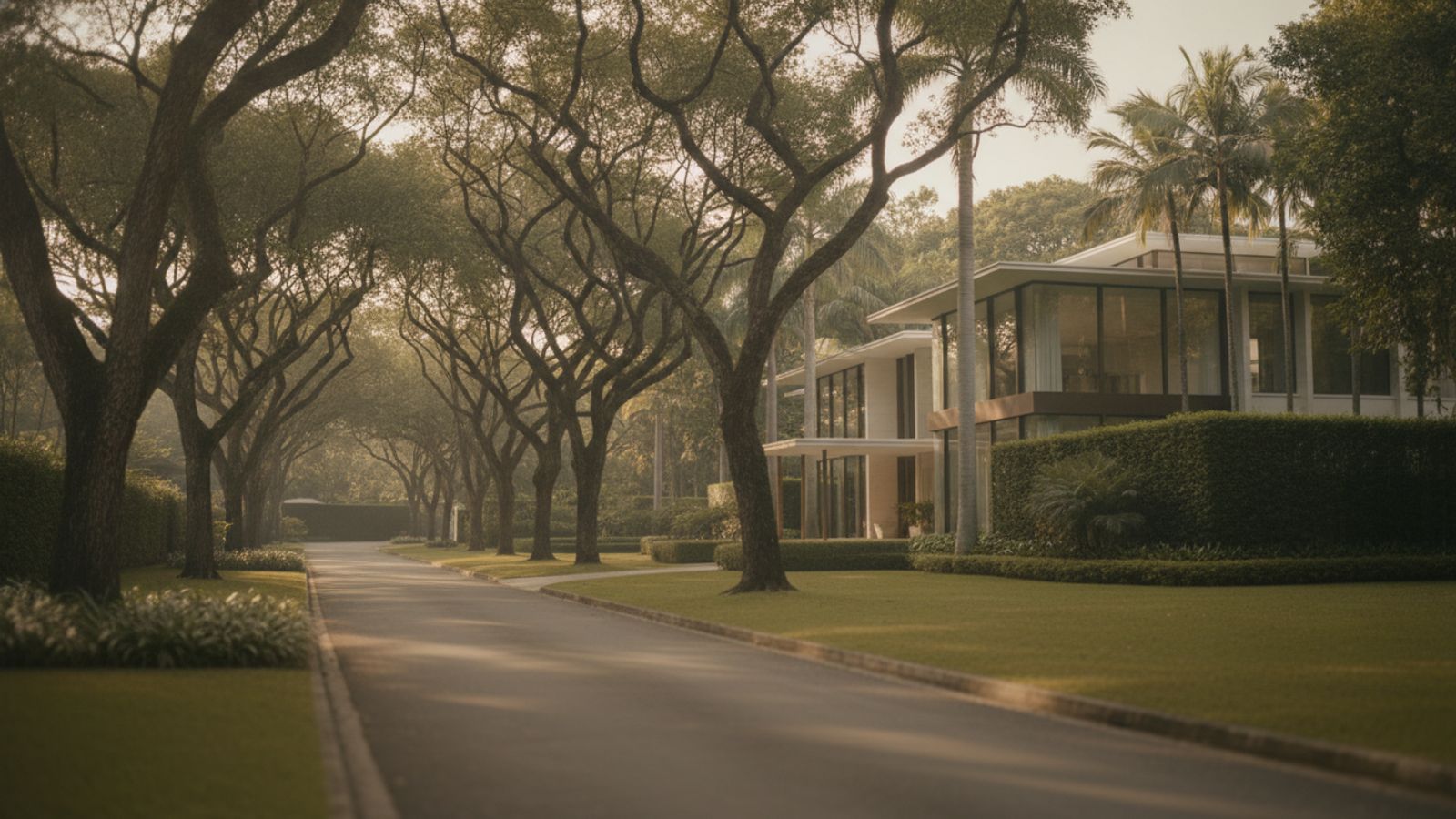 Luxury landed home in Bukit Timah, Singapore at golden hour with tree-lined driveway